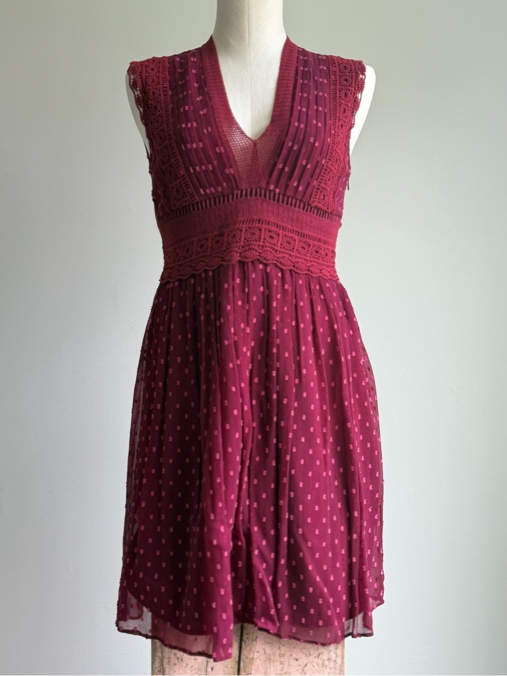 Ranna Gill Wine Red Lace-Trim V-Neck Mini Dress